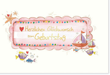 Kindergeburtstag Doppelkarte - Handgemalte Meerjungfrau, Segelboot & Fische - Bunte Ozean Grußkarte mit Seestern Illustration