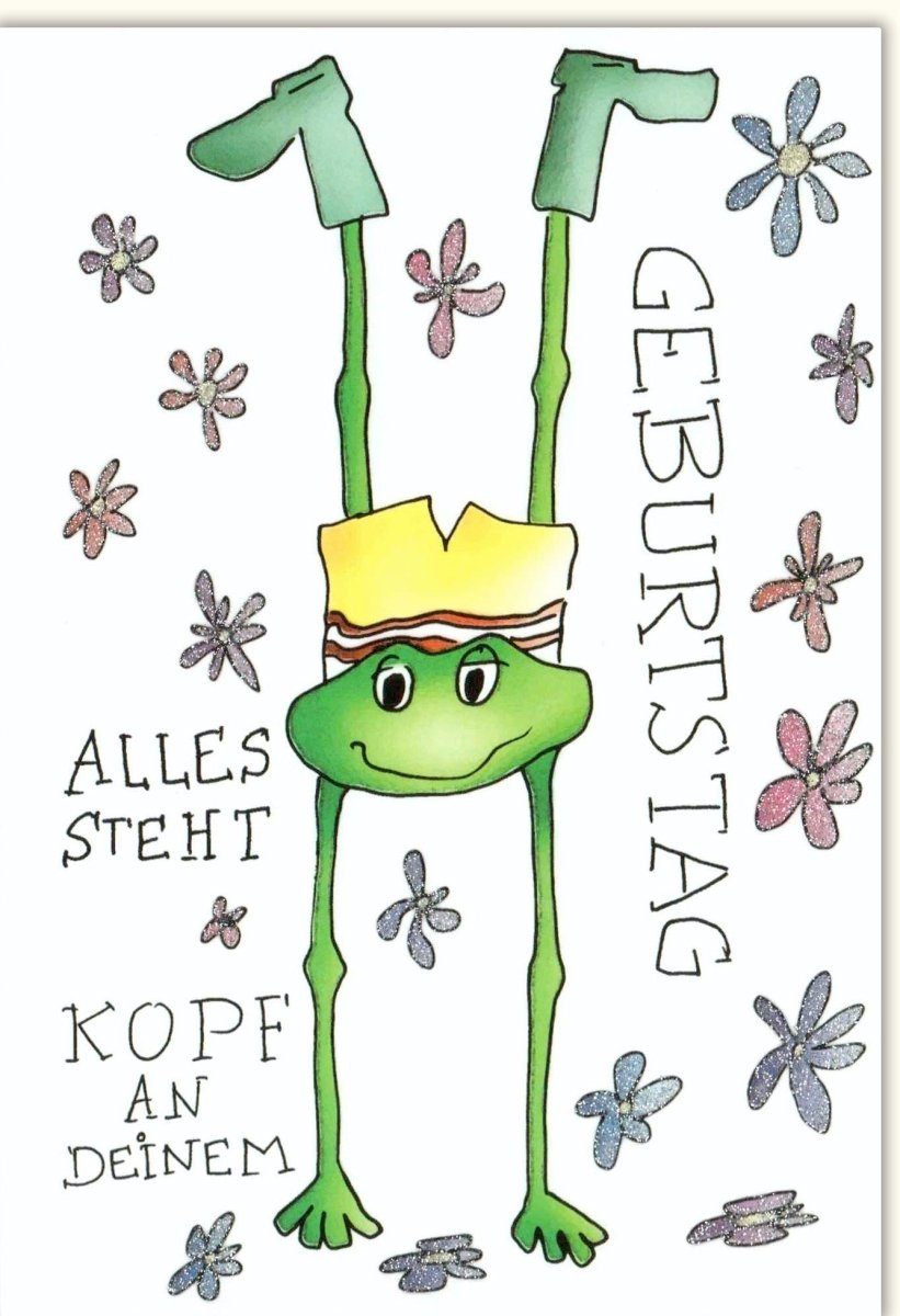 Kindergeburtstag Doppelkarte - Lustige "Alles steht Kopf" Comic Frosch Glückwunschkarte, Bunte Witzige Geburtstagskarte für Kinder, Einladungskarte & Gratulationskarte mit Umdreh - Spaß für Feier & Party