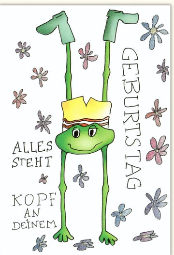 Kindergeburtstag Doppelkarte - Lustige "Alles steht Kopf" Comic Frosch Glückwunschkarte, Bunte Witzige Geburtstagskarte für Kinder, Einladungskarte & Gratulationskarte mit Umdreh - Spaß für Feier & Party