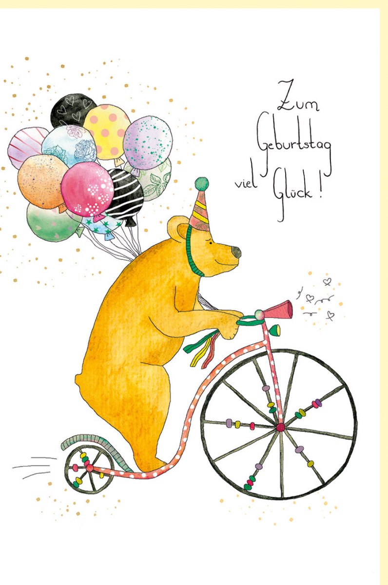 Kindergeburtstag Doppelkarte mit Bär auf Fahrrad - Bunte Glückwunschkarte mit Luftballons, Naturkarton & Goldfolie, Blindprägung für Jungen und Mädchen in Gelb