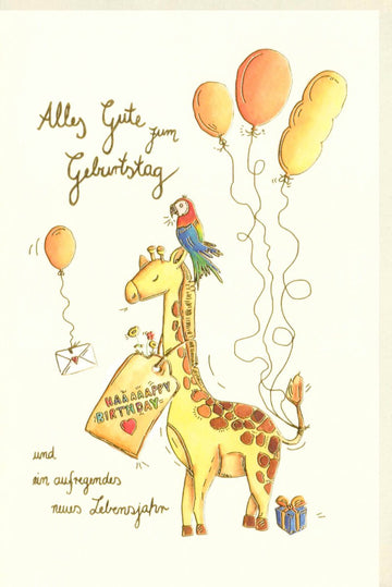 Kindergeburtstag Doppelkarte mit Giraffe & Papagei - Bunte Einladung und Glückwunschkarte, Fröhliche Party Illustration, 1 Set