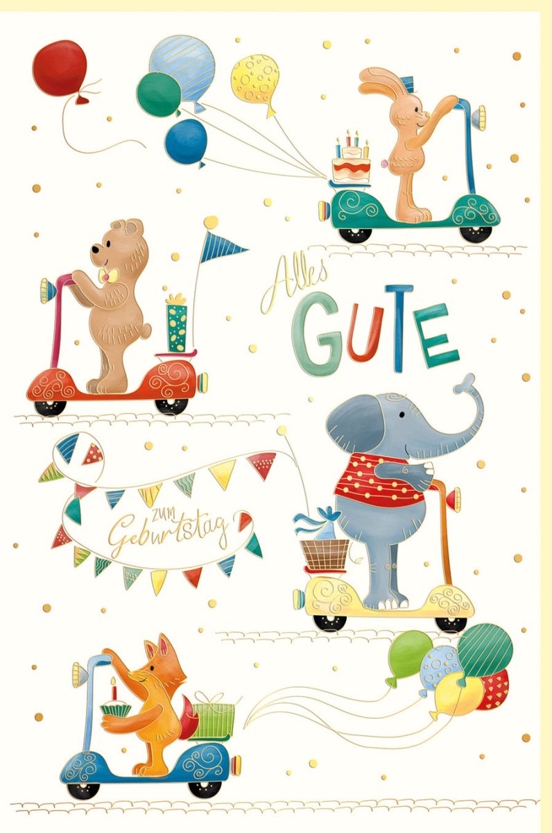 Kindergeburtstag Doppelkarte mit Goldfolie & Blindprägung - Fröhliche Glückwunschkarte mit Tieren, Ballons & Geschenken, Bunt Kinderdesign mit Elefant, Bär & Fuchs auf Scooter, Girlande & Wimpelkette