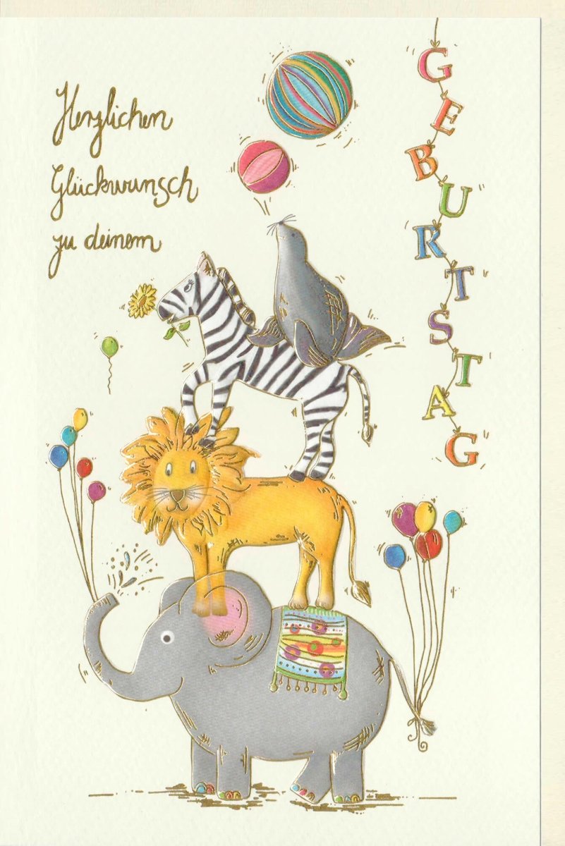Kindergeburtstag Doppelkarte mit Tieren - Elefant, Löwe & Zebra, Robbe in Naturkarton, Goldfolie & Blindprägung Glückwunsch Ballons