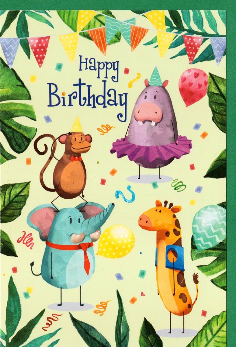 Kindergeburtstag Doppelkarte mit Tieren & Wimpelketten – Bunte Glückwunschkarte mit Elefant, Giraffe, Affe & Nashorn Motiven, Luftballons und Blätter Dekoration für fröhliche Geburtstagsfeiern