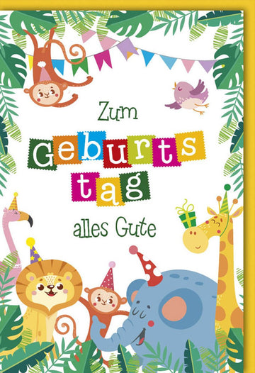 Kindergeburtstag Doppelkarte mit Urwald - Tiermotiven – Niedliche Giraffe, Elefant, Affe & Löwe in Partyhüten – Bunte Safari Zoo Einladung für fröhliche Kinderfeier im Dschungel - Stil, Hauptfarbe Grün