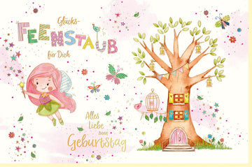 Kindergeburtstag Doppelkarte mit Zauberhaftem Feen Baumhaus & Glücksfeenstaub - Rosa/Grün, Schmetterlinge, Sterne, Magie - Einladung & Glückwünsche für Mädchen mit Fantasievollem Spruch und Illustration