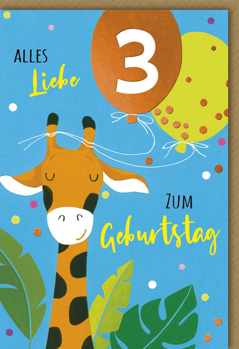 Kindergeburtstag Doppelkarte - Niedliche Giraffe mit Luftballons, Glückwunschkarte zum 3. Geburtstag, Bunte Party Dekoration, Illustration von Galerie Dominique