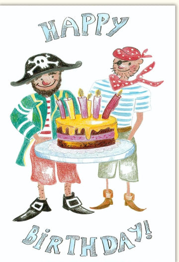 Kindergeburtstag Piraten - Thema Glitzerlack Geburtstagskarte - Handgemalte Doppelkarte/Grußkarte mit Buntem Kindermotiv, Schatzinsel, Meer, Abenteuer, Kuchen & Kerzen für Spaß & Freude an der Party
