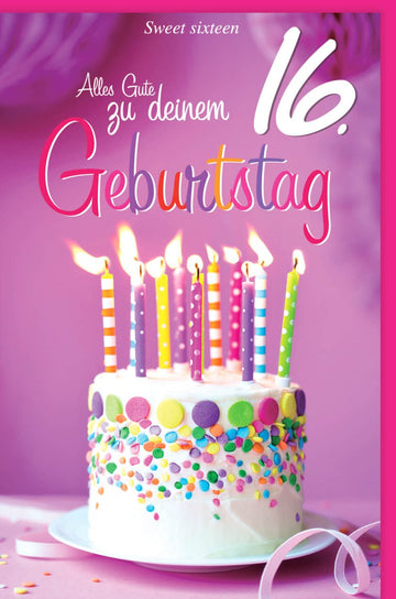 Kindergeburtstag Sweet Sixteen 16. Geburtstag - Glückwunschkarte Doppelkarte mit Party Deko, Kerzen & Kuchen Motiv