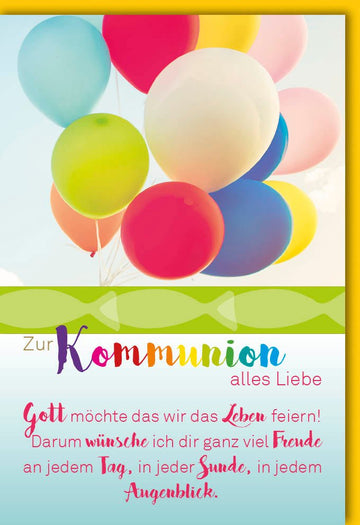 Kommunion Glückwunschkarte - Christliche Doppelkarte mit Ballons, Segen & Glaube für Kinder und Familie