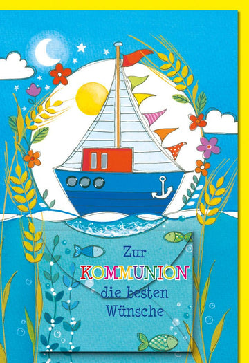 Kommunion Glückwunschkarte für Jungen - Geldkuvert mit Segelschiff, Meer & Wasser Design, Blaue Grußkarte zur Erstkommunion mit Meeresthema