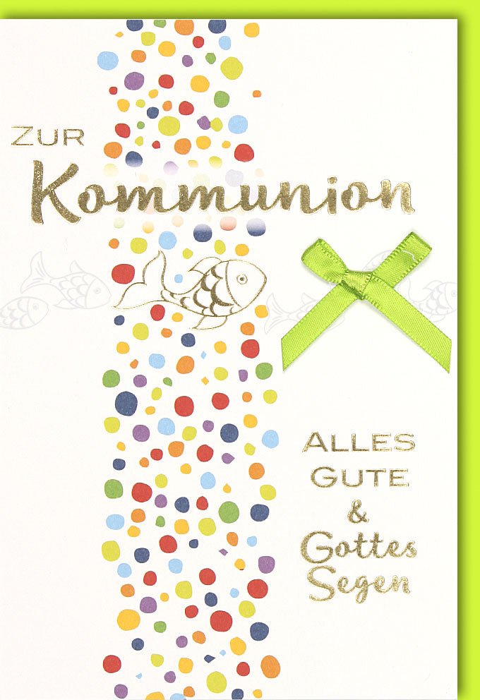 Kommunion Glückwunschkarte für Kinder - Bunte Grußkarte mit Spruch "Alles Gute & Gottes Segen" - Familienfreundliche Doppelkarte in Grün, Ideal für den Besonderen Anlass