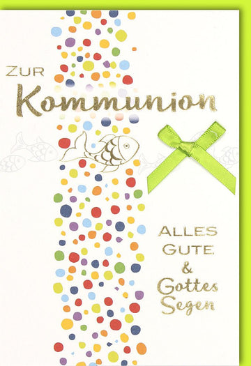 Kommunion Glückwunschkarte für Kinder - Bunte Grußkarte mit Spruch "Alles Gute & Gottes Segen" - Familienfreundliche Doppelkarte in Grün, Ideal für den Besonderen Anlass