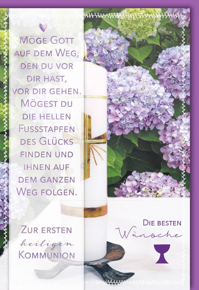 Kommunion Glückwunschkarte für Kinder - Lila Blumen & Kreuz Design mit Segensspruch, Gottesweg Motiv - Edle Doppelkarte mit Umschlag für Eltern & Familie