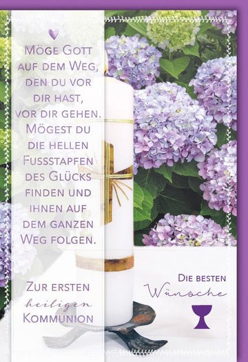 Kommunion Glückwunschkarte für Kinder - Lila Blumen & Kreuz Design mit Segensspruch, Gottesweg Motiv - Edle Doppelkarte mit Umschlag für Eltern & Familie