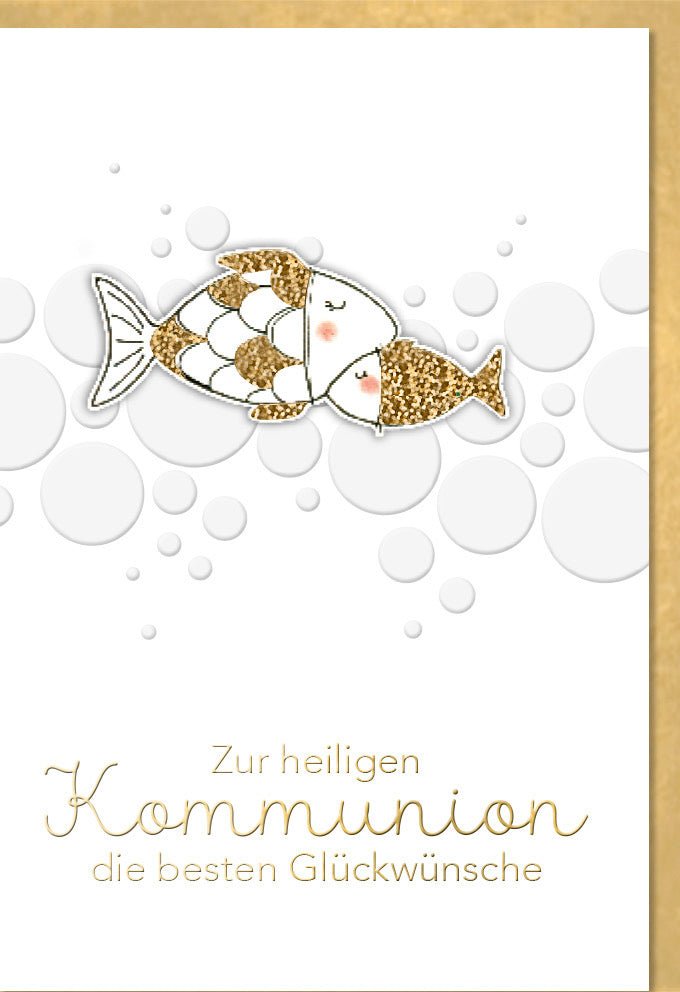 Kommunion Glückwunschkarte mit Fischen - Elegante Doppelkarte mit Folien - & Blindprägung, Applikation auf Naturkarton, Beige & Gold, für Kinder & Familie zum Sakrament im Christentum
