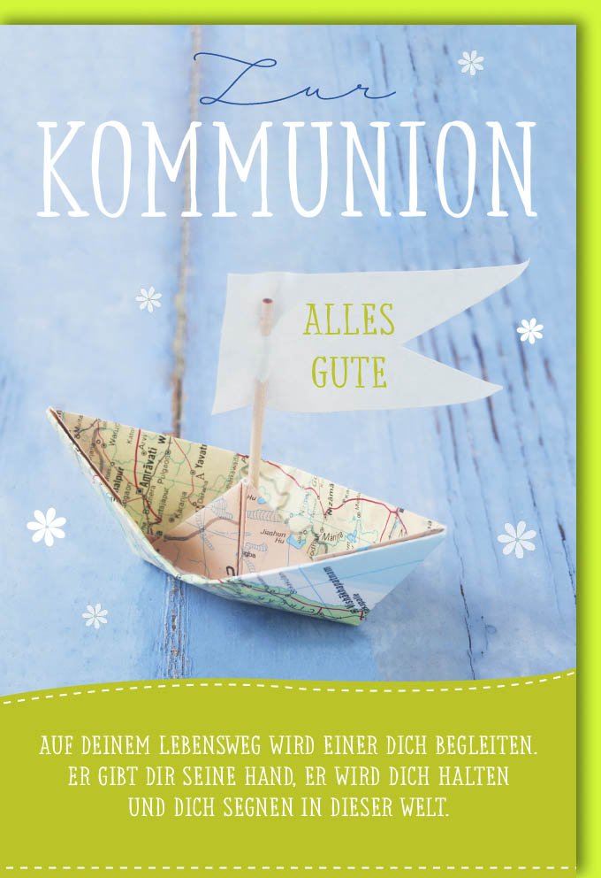 Kommunion Glückwunschkarte mit Papierboot - Motiv - Segen für den Lebensweg, Christliche Feierkarte für Kinder, Familie und Freunde