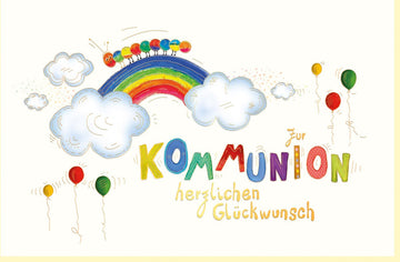 Kommunion Glückwunschkarte mit Regenbogen und Luftballons - Bunte Farben für Kinderfest & Feierlichkeit, Christliche Glaubenskarte zur Kirchlichen Zeremonie, Spirituelle Gratulationskarte zum Sakrament
