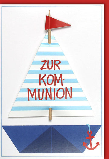 Kommunion Glückwunschkarte mit Segelboot - Applikation - Maritime Doppelkarte für Erstkommunion, Christliches Fest, Blau Weiß Rot, Einladung zur Feier, Sakrament der Kirche, Geschenk für Jungen & Mädchen