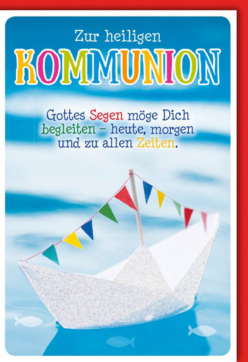 Kommunion Glückwunschkarte mit Segenswünschen - Papierboot & Meer Motiv, Wimpelkette Design, Gottes Segen Feier