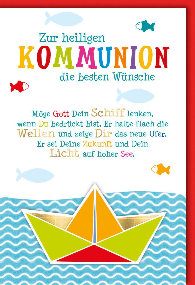 Kommunion Glückwunschkarte - Nautisches Segelboot Design mit Meer, Schiff, Fischen & Wellen - Christliche Spiritualität & Hoffnung - Segeln Thema Gratulationskarte für Sakrament Feier, Licht des Glaubens