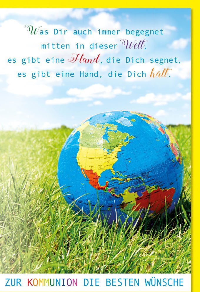 Kommunion Glückwunschkarte - Segenswünsche mit Weltkugel - Motiv, Gras & Himmel Design | Spirituelle Textbotschaften für Glaubensfeier | Kirchliches Christentum Sakrament Fest | Feierliche Doppelkarte