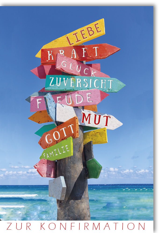 Konfirmations - Doppelkarte mit Meer & Strand Motiv - Segenswünsche, Familie & Glaube, Farbenfrohe Holzschilder für Kraft, Liebe & Zukunft