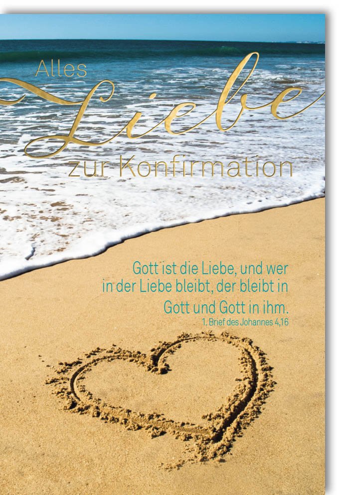 Konfirmations - Doppelkarte mit Strandmotiv - Glückwunschkarte zum Erwachsenwerden, Meer & Herz im Sand, Bibelvers, Christliche Glaubensfeier für Teenager, Liebe & Spiritualität