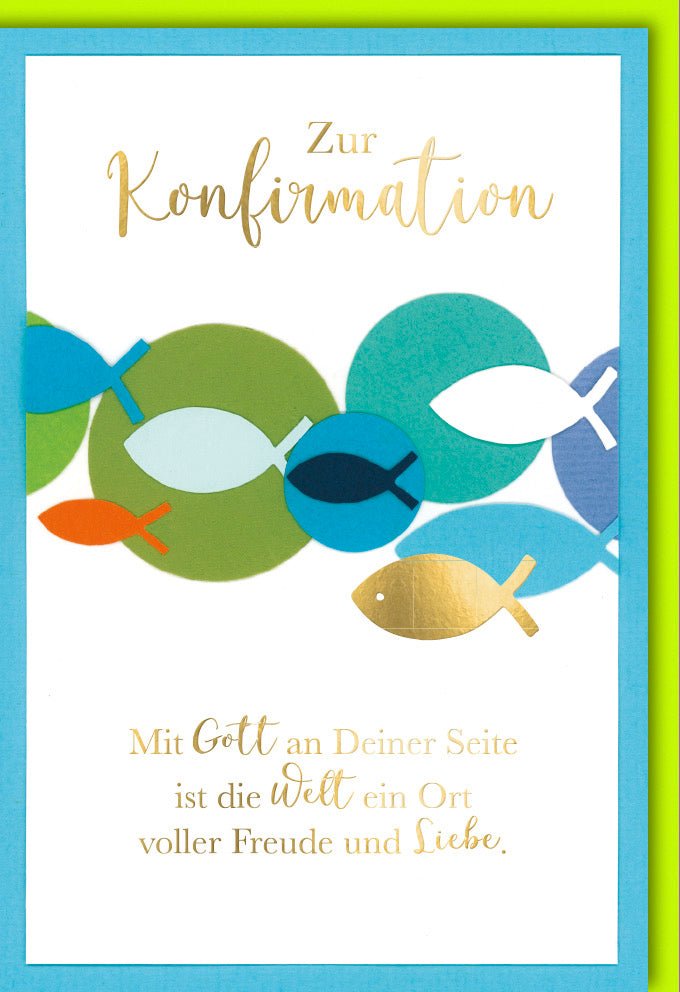 Konfirmationskarte mit Fischen - Christliche Doppelkarte für Jugendliche & Erwachsene, Glückwunsch in Grün & Gold, Inspirierender Spruch über Gott, Glaube, Liebe und Freude
