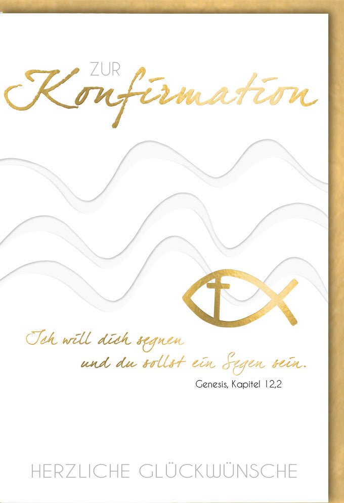 Konfirmationskarte mit Goldfisch - Motiv, Wellen - Design und Segensspruch – Bibelvers aus Genesis