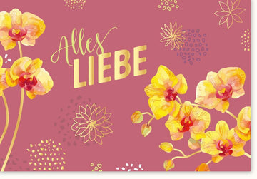 Liebesgruß Doppelkarte mit Orchideen - Design - Elegante Glückwunsch Karte, Handschriftliche Grußbotschaft, Herzlich & Farbenfroh, Ideal für Jede Festlichkeit & Feier - Floral Gestaltete Grußkarte