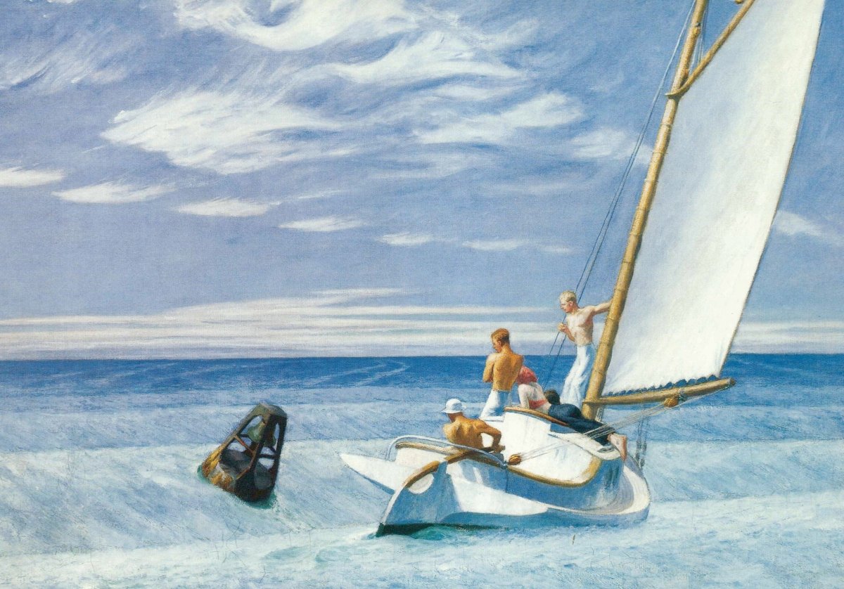Maritime Kunst - Postkarte: Edward Hopper Segelboot - Motiv | Vintage Segeln & Meer für Kunstliebhaber und Sammler | Nostalgische Maritime Dekoration in Blau & Weiß | Entspannende Ruhe mit Horizont & Wolken im Retro Realismus - Stil
