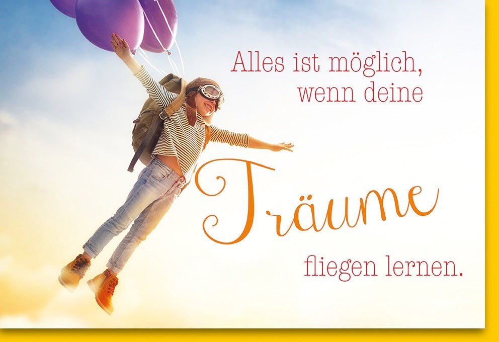 Motivations - Doppelkarte: Inspirierende Träume & Freiheit im Himmel - Abenteuer - Grußkarte mit Ballons, Sonnenuntergangs - Motiv für Glückwünsche und Positivität, Ermutigung zum Fliegen und Lächeln
