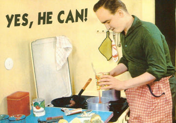 Motivations - Postkarte für Männer | Lustiger Retro - Küchen - Spruch im 50er Jahre Stil | "Yes He Can" Kochen Humor | Witzige Vintage Kühlschrank - Deko | Englischer Nostalgie - Gruß | Geschenkidee für Freunde & Spaß