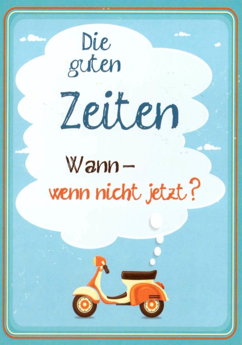 Motivations - Postkarte mit Retro Roller Design – Lebensfreude & Optimismus, Blau/Orange Vintage Illustration mit Weisheitsspruch, Geschenkidee