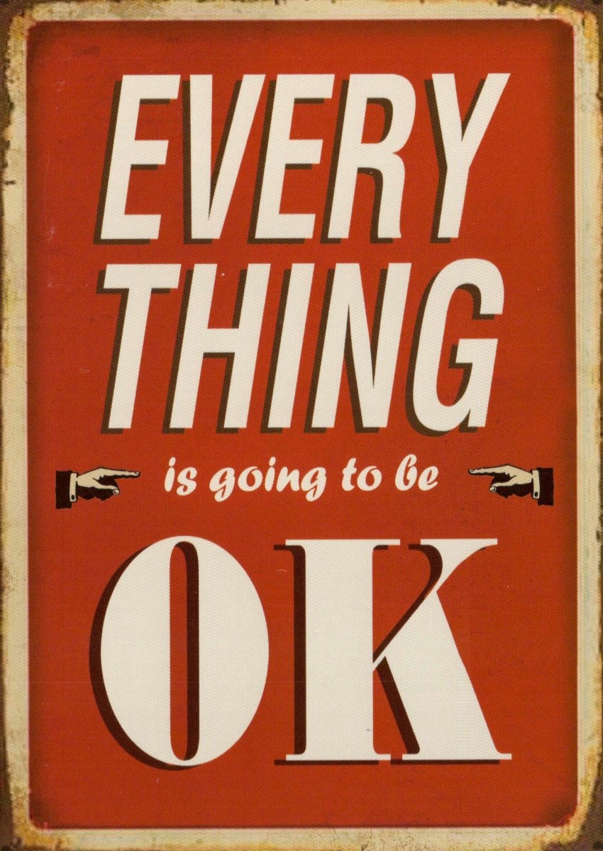 Motivations - Postkarte mit Spruch "Everything Is Going to Be OK" - Positivität & Optimismus im Retro Design, Rot - Weiß Schriftzug, Vintage Ermutigung Dekoration, Ideales Geschenk