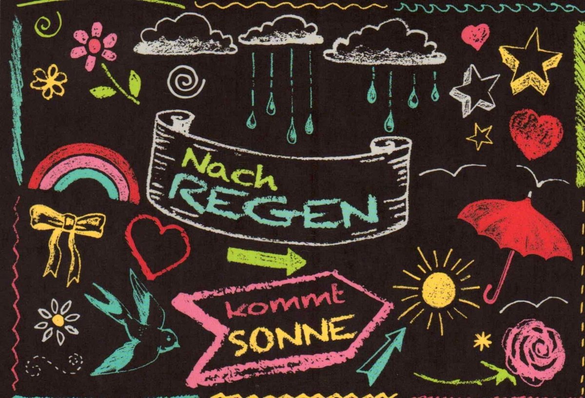 Motivations - Postkarte mit Sprüchen: "Nach dem Regen kommt die Sonne" - Bunte, handgezeichnete Illustration mit Optimismus - Wetter - Thema, Lebensweisheit - Schriftzug, Blumen, Sternen, Herz, Schmetterling, Vogel & Regenschirm Grußkarte