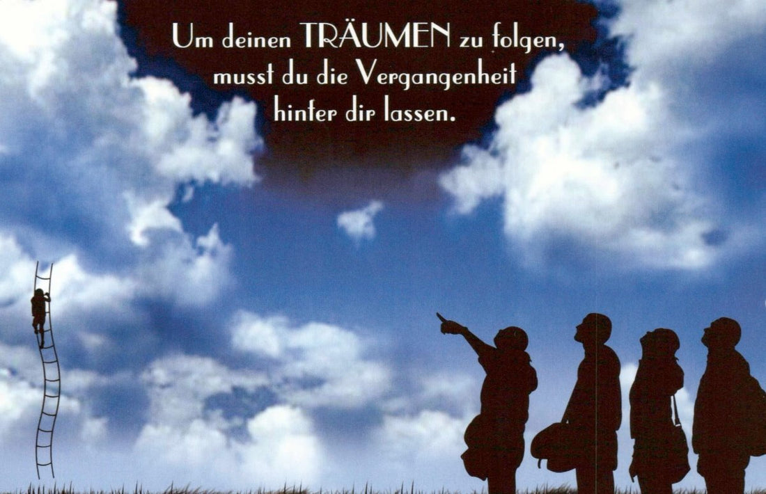 Motivations - Postkarte "Träume Erklimmen": Inspirierende Sprüche, Kinder - Silhouetten & Wolken - Hoffnungsvolle Zukunft, Weisheit & Loslassen der Vergangenheit - Nachdenkliche Schatten - Umrisse Karte