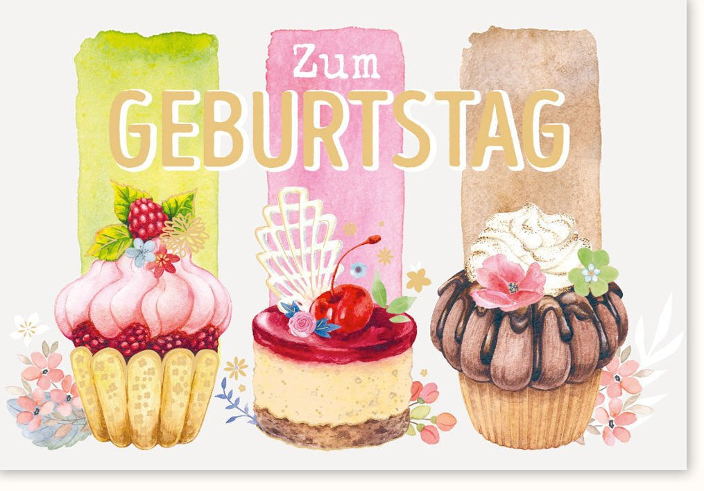 Muttertag & Geburtstag Doppelkarte - Herzliche Glückwunsch Grußkarte mit Blumen, Torte & Macarons Design - Liebevolle Feier Festlichkeiten für Familie, Mutter als Geschenk - Kuchen & Süßigkeiten Motiv mit Blüten Gratulation