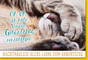 Nachträgliche Geburtstagsgrüße Doppelkarte - Verspätet Alles Liebe, Verschlafen Katze, Humorvolle Glückwunschkarte