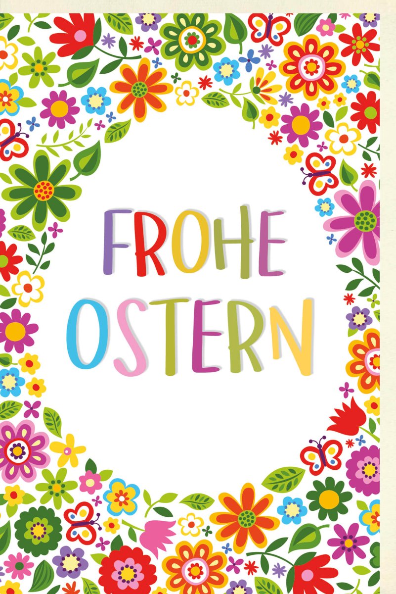 Oster - Doppelkarte mit Frühlingsblumen & buntem Kreisdesign – Frohe Ostern Grußkarte, farbenfroher Blumenrahmen, festliche Ostergrüße