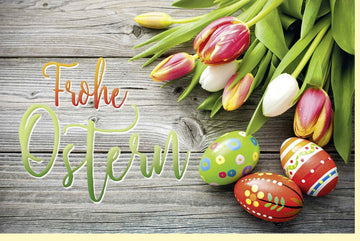 Oster - Doppelkarte mit Tulpen und Ostereiern - Frühlingshafte Grußkarte, Bunte Traditionelle Holztextur, Frohe Ostergrüße