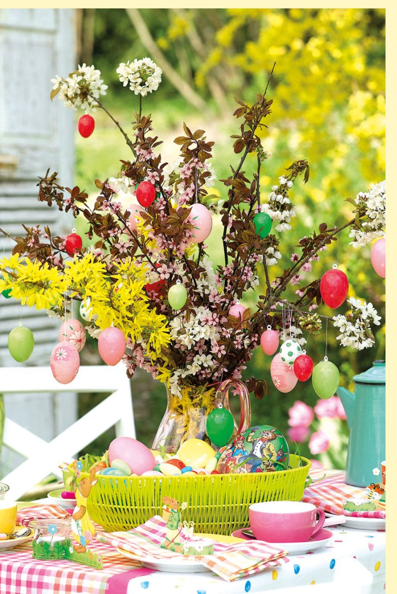 Osterkarte Doppelkarte für Frühlingsdeko - Blanko Grußkarte mit Osterstrauß, Ostereier & Blumenmotiv - Natürliche Tischdekoration in Pastellfarben Gelb, Grün, Rosa - Ideal für Familie & Freunde
