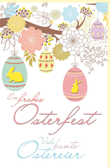 Osterkarte Doppelkarte mit Umschlag - Fröhlicher Ostergruß mit Ostereiern in Pastelltönen, Naturkarton in Gelb & Rosa, Ideal für Familie und Freunde