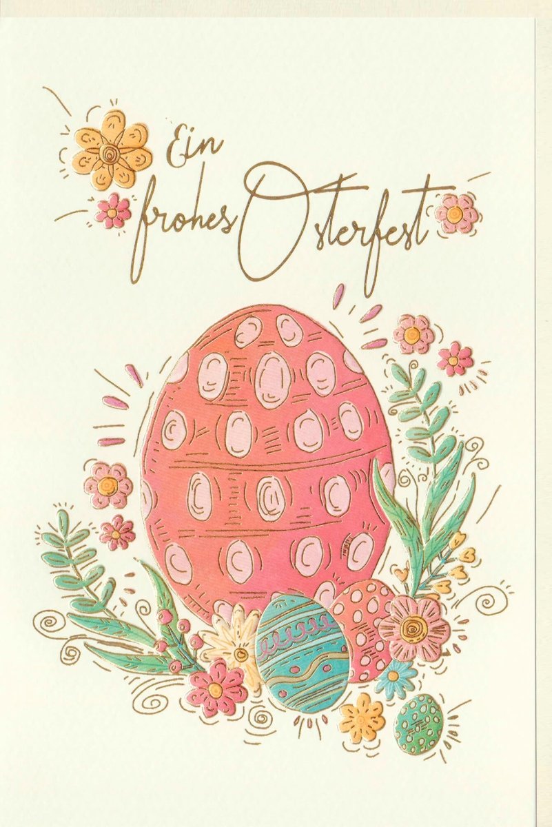 Osterkarte "Frohe Ostern" - Handgezeichnete Doppelkarte mit Frühlingsblumen & Ostereiern, Festliche Grußkarte für Osterfest & Feiertage