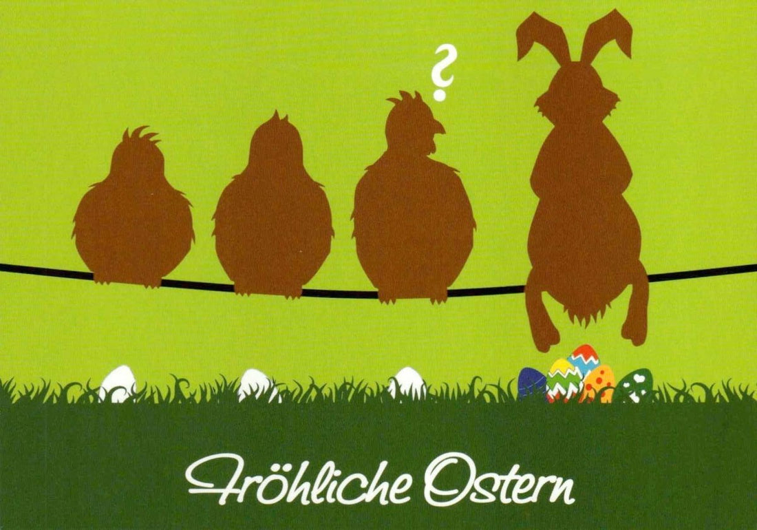 Osterkarte mit Hase, Küken & Ostereiern - Frühlingsgrüße an der Leine, Festliche Silhouette für Familie und Freunde