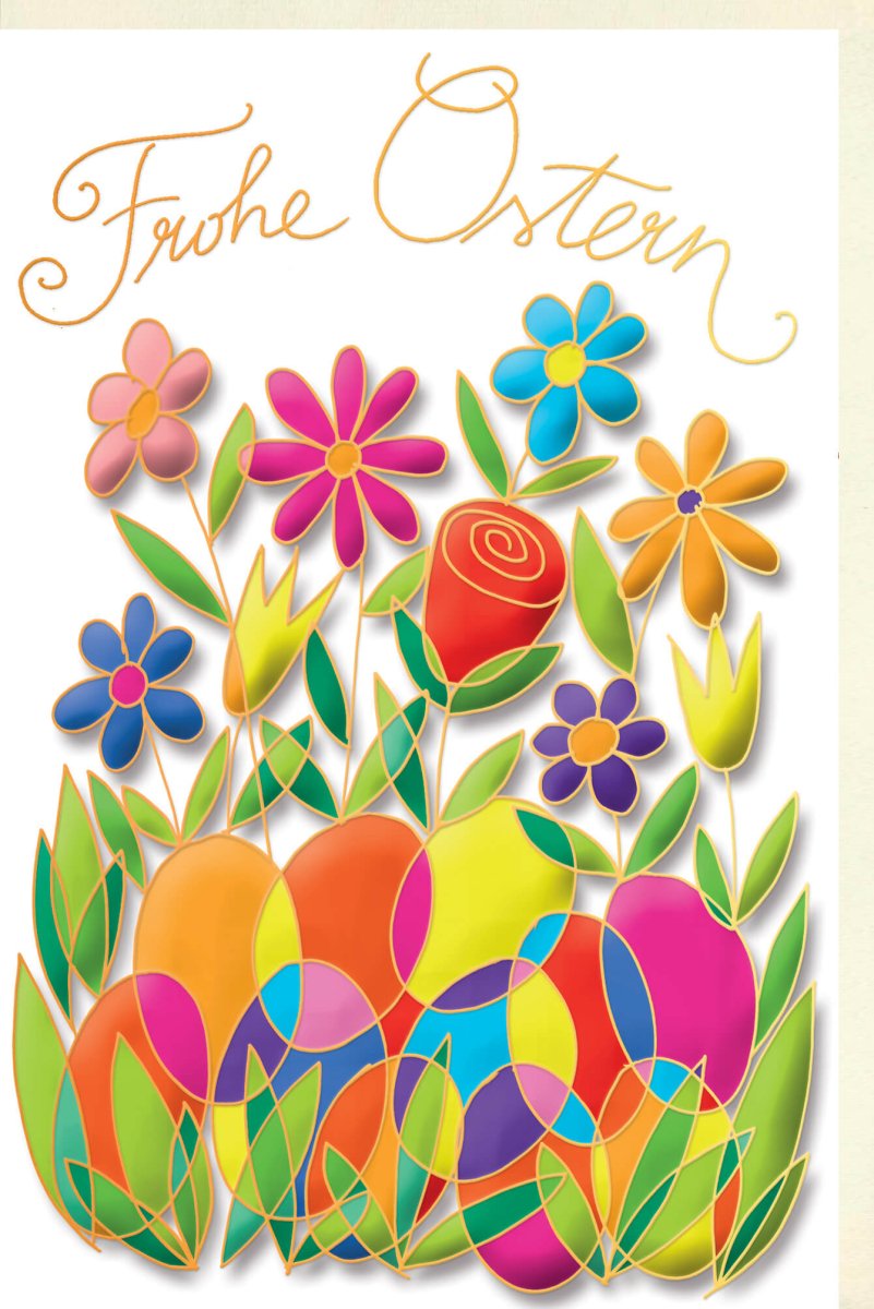 Osterkarte mit Papercut - Design – Frühlingsblumen & Bunte Ostereier, Traditionelle Ostergrüße für Familie und Freunde, Festliche Doppelkarte mit Blumendekor