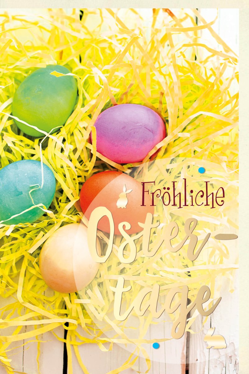 Osterkarte Premium - Festliche Doppelkarte mit Farbenfrohen Ostereiern, Frühlingsmotiv und Ostergrüßen - Ideal für Feiertagsdekoration und Osternest