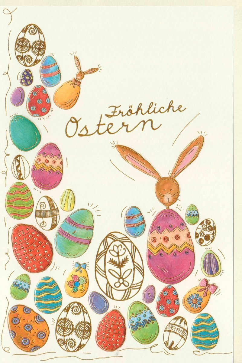Osterkarten Doppelkarte – Frühlingsfest & Ostergrüße mit Osterhase, Bunten Eiern und Osternest – Frohe Ostern Feiertagskarte
