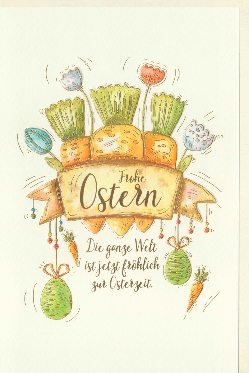 Osterkarten - Doppelkarte mit Motiv: Frohe Ostern, Osterhase & Osternest - Frühlingsfest Feiertagsgrüße, Eier & Karotten Design